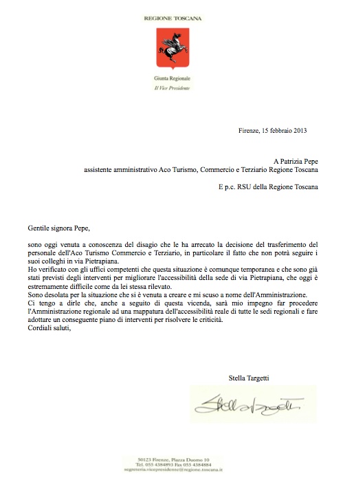 La lettera che Stella Targetti ha inviato a Patrizia