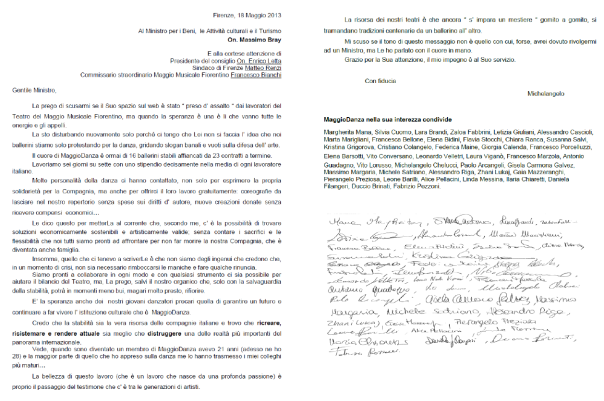 Lettera dei lavoratori del Maggio Danza al Ministro Bray