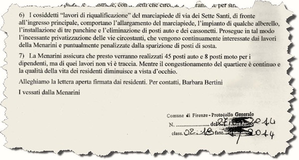 La lettera dei residenti consegnata al Comune
