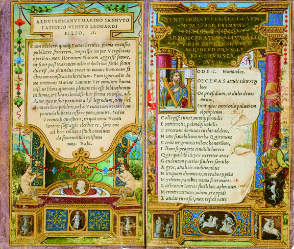 Miniatore fiorentino  (attivo a Venezia all’inizio del XVI secolo), Quinto Orazio Flacco, Opere Venezia, Aldo Manuzio, 1501, Firenze, Biblioteca Medicea Laurenziana