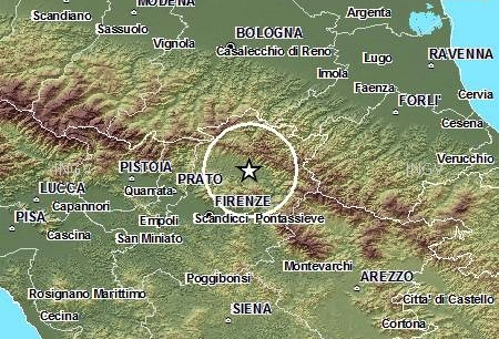 La cartina della zona con l'epicentro della scossa di terremoto