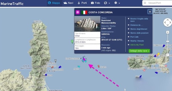 La posizione della Costa Concordia alle ore 18 di giovedì' 24 luglio, tra l'isola d'Elba e la Corsica (dal sito marinetrafic.com)