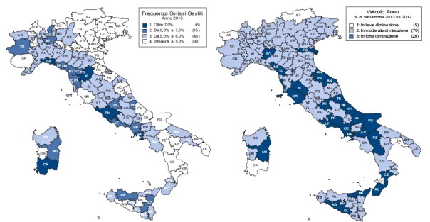 La mappa dei sinistri stradali e la diminuzione delle vetture assicurate (Fonte Ania 2014)
