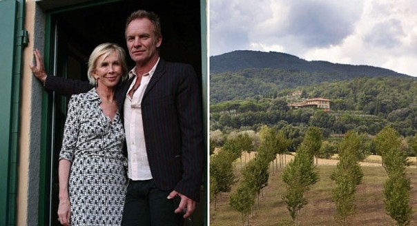 Il cantante Sting con la moglie. A destra la tenuta a Figline