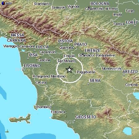 L'epicentro della scossa di terremoto di magnitudo 3.4  percepita alle 15.47