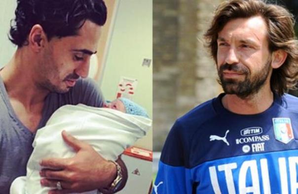 Beram Kayal del Celtic (a sinistra) con il figlio neonato e Andrea Pirlo (a destra)