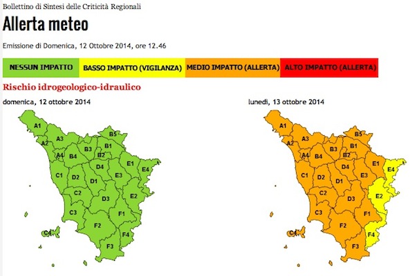 L' allerta meteo della Regione Toscana