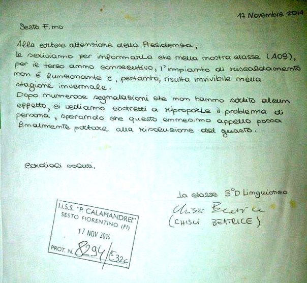 La lettera scritta dagli alunni alla presidenza del Calamandrei