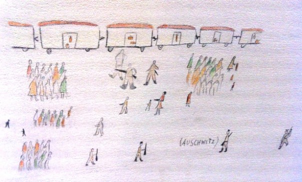 La fedele riproduzione di un disegno di un bambino ebreo internato ad Auschwitz, nel padiglione ebraico