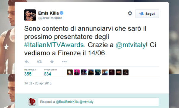 Mtv Awards 2015, il tweet di Emis Killa ai fan