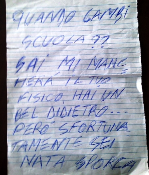 Quaderni e libri strappati, ma soprattutto messaggi di disprezzo per il colore della pelle: destinataria una ragazzina quattordicenne di origine senegalese che studia in un istituto tecnico di Pisa e il cui padre ha ora denunciato i fatti ai carabinieri. Pisa, 19 maggio 2015. ANSA/STRINGER