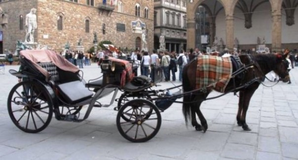 Firenze, una carrozza di cavalli dei fiaccherai in piazza Signoria
