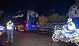 The bus of German national football team leaves after the friendly football match Germany vs the Netherlands was called off for 'security reasons' in Hannover on November 17, 2015.   AFP PHOTO / DPA / PHILIPP VON DITFURTH +++ GERMANY OUT