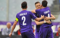 L'esultanza dei viola dopo il gol di Ilicic