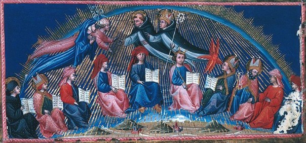 Dante inciontra san Francesco e san Domenico in una miniatura di Giovanni di Paolo (codice British Library, Yates Thompson 36, c. 147)