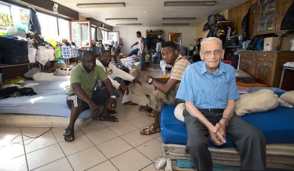 Lyon Le pere Gerard Riffard, cure de Saint-Etienne, relaxe en premiere instance, a ete juge par le cour d'appel de Lyon, pour avoir heberge des demandeurs d'asile dans une salle paroissiale. In Lyon a priest is judged for offence of solidarity This priest of a popular district appears before the Court of Appeal of Lyon to have accommodated the asylum seekers. Father Riffard, seventy-year-old, does not manage to explain the judicial doggedness against him. This man of the Church dedicated his life for help the destitute and the poor, could risk a fine of up to 1200 euros. All the asylum seekers come from sub-Saharan Africa and asked for an application for asylum in France Father Gerard Riffard said:"I'm like Abraham, father of many" /BONY_1212.04/Credit:BONY/SIPA/1412051339
