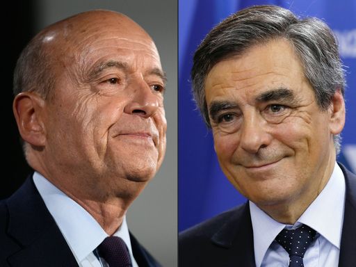 (COMBO) This combination of pictures created on November 20, 2016 shows the winning candidates for the French right-wing presidential primary Francois Fillon (R) and Alain Juppe at htheior respective campaign headquarters after the vote's first round, on November 20, 2016 in Paris. / AFP PHOTO / Martin BUREAU AND Thomas SAMSON