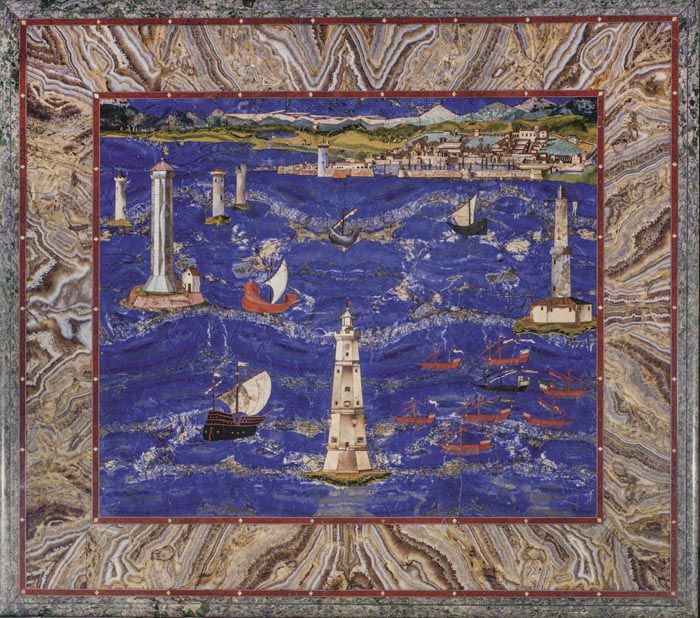 Cristofano Gaffuri , su modello di Jacopo Ligozzi, Tavolo con Veduta del porto di Livorno, Firenze, Galleria degli Uffizi