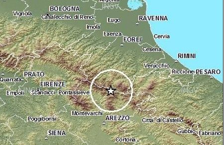 La zona dove si è verificato lo sciame sismico tra Forlì e Arezzo