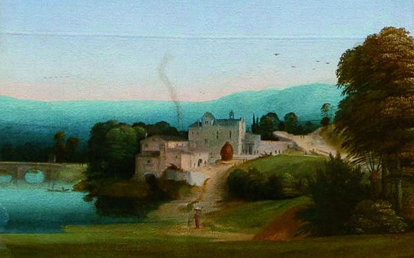 Fra’ Bartolomeo (Baccio della Porta; Firenze 1473-1517), Padre Eterno benedicente con le sante Maria Maddalena e Caterina da Siena, 1509, Lucca, Museo nazionale di Villa Guinigi (particolare, paesaggio sullo sfondo del dipinto)