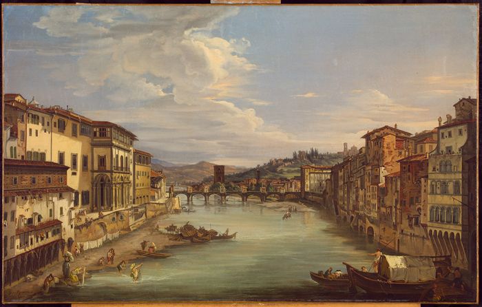 Giovanni Signorini, Veduta di Firenze con il fiume Arno da Ponte Vecchio ,1844