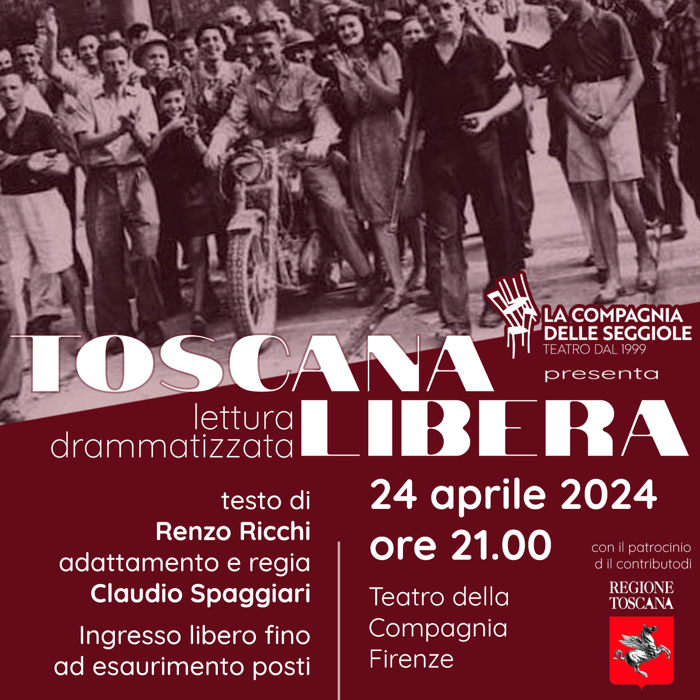 Firenze, 25 aprile: al Teatro della Compagnia «Toscana libera», lettura drammatizzata per la Liberazione