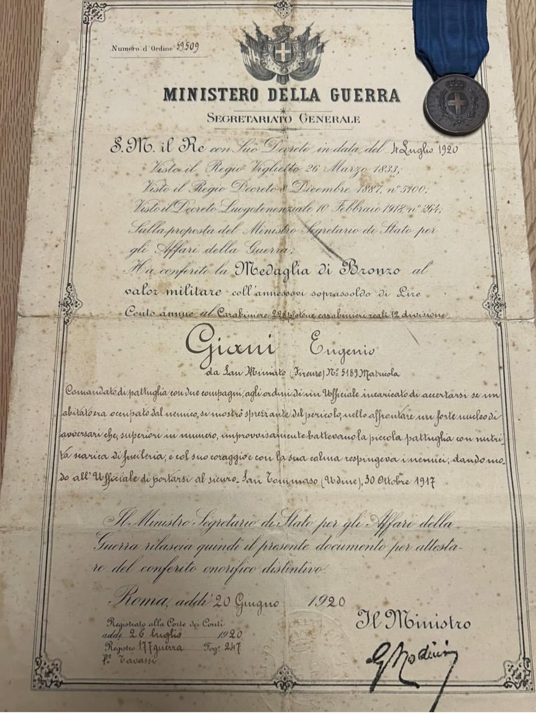 Grande guerra: Eugenio Giani medaglia di bronzo al valore militare per atti di coraggio a Caporetto. Era il nonno del Governatore